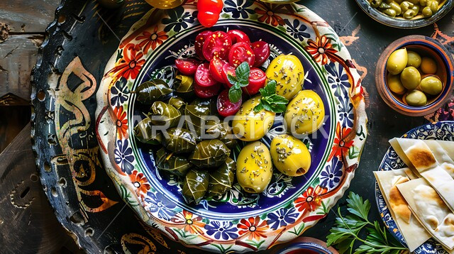  تزيين الطعام بأساليب فنية، تقديم الأطعمة والوصفات الشرقية ذات نكهات مميزة، فطورعربي تقليدي، صورة مقربة لطبق مقبلات مشكلة ومغذية، وجبات شهية في مطاعم المملكة العربية السعودية، المقبلات النباتية الباردة اللذيذة، مأكولات وأطباق شعبية تقليدية