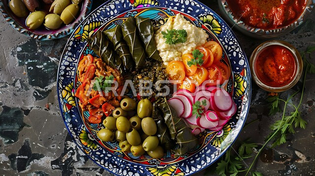 الأصناف والمقبلات اللذيذة، تزيين الطعام بأساليب فنية، تقديم الأطعمة المختلفة في مطاعم المملكة العربية السعودية، صورة مقربة لسفرة من المأكولات الشعبية التقليدية الشهية، وجبة الفطور ذات الأطباق المتنوعة والمغذية، وصفات ذات نكهات مميزة