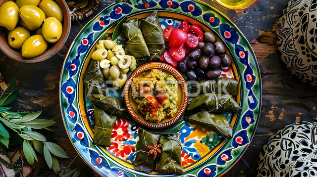 تقديم الأطعمة المختلفة في مطاعم المملكة العربية السعودية، وصفات ذات نكهات مميزة، الأصناف والمقبلات اللذيذة، تزيين الطعام بأساليب فنية،  صورة مقربة لسفرة من المأكولات الشعبية التقليدية الشهية، وجبة الفطور ذات الأطباق المتنوعة والمغذية