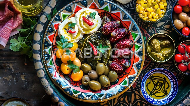 وجبة الفطور ذات الأطباق المتنوعة والمغذية، وصفات ذات نكهات مميزة، الأصناف والمقبلات اللذيذة، تقديم الأطعمة المختلفة في مطاعم المملكة العربية السعودية، تزيين الطعام بأساليب فنية،  صورة مقربة لسفرة من المأكولات الشعبية التقليدية الشهية