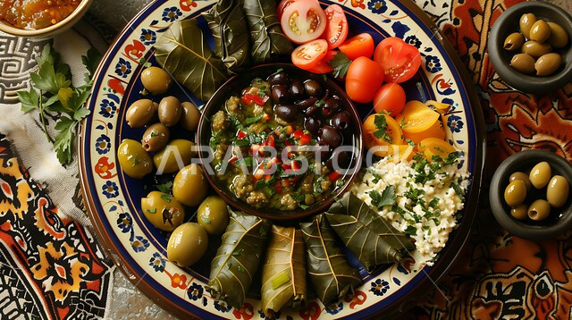 Delicious meals in the Kingdom's restaurants, traditional Arabic breakfast, traditional popular foods and dishes, delicious cold vegetarian appetizers, decorating food with artistic methods, a close-up of a plate of assorted and nutritious appetizers, Saudi Arabian oriental food recipes