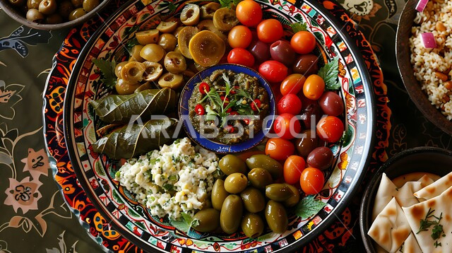  فطورعربي تقليدي، صورة مقربة لطبق مقبلات مشكلة ومغذية، وجبات شهية في مطاعم المملكة العربية السعودية، مأكولات وأطباق شعبية تقليدية، المقبلات النباتية الباردة اللذيذة، تزيين الطعام بأساليب فنية، تقديم الأطعمة والوصفات الشرقية ذات نكهات مميزة