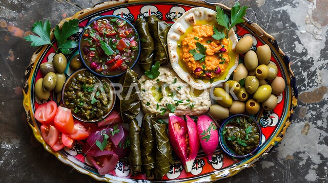 تقديم الأطعمة المختلفة في مطاعم المملكة العربية السعودية، وصفات ذات نكهات مميزة، الأصناف والمقبلات اللذيذة، تزيين الطعام بأساليب فنية،  صورة مقربة لسفرة من المأكولات الشعبية التقليدية الشهية، وجبة الفطور ذات الأطباق المتنوعة والمغذية