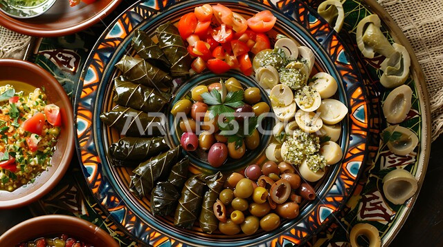 Delicious meals in the Kingdom's restaurants, traditional Arabic breakfast, traditional popular foods and dishes, delicious cold vegetarian appetizers, decorating food with artistic methods, a close-up of a plate of assorted and nutritious appetizers, Saudi Arabian oriental food recipes