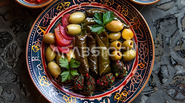 تقديم الأطعمة المختلفة في مطاعم المملكة العربية السعودية، وصفات ذات نكهات مميزة، الأصناف والمقبلات اللذيذة، تزيين الطعام بأساليب فنية،  صورة مقربة لسفرة من المأكولات الشعبية التقليدية الشهية، وجبة الفطور ذات الأطباق المتنوعة والمغذية