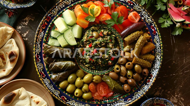  تزيين الطعام بأساليب فنية، تقديم الأطعمة والوصفات الشرقية ذات نكهات مميزة، فطورعربي تقليدي، صورة مقربة لطبق مقبلات مشكلة ومغذية، وجبات شهية في مطاعم المملكة العربية السعودية، المقبلات النباتية الباردة اللذيذة، مأكولات وأطباق شعبية تقليدية