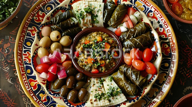 وجبات شهية في مطاعم المملكة، فطور عربي تقليدي، مأكولات وأطباق شعبية تقليدية، المقبلات النباتية الباردة اللذيذة، تزيين الطعام بأساليب فنية، صورة مقربة لطبق مقبلات مشكلة ومغذية، وصفات طعام شرقية عربية سعودية