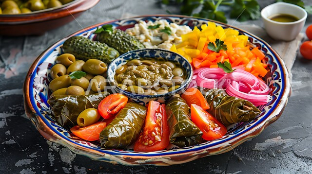  فطورعربي تقليدي، صورة مقربة لطبق مقبلات مشكلة ومغذية، وجبات شهية في مطاعم المملكة العربية السعودية، مأكولات وأطباق شعبية تقليدية، المقبلات النباتية الباردة اللذيذة، تزيين الطعام بأساليب فنية، تقديم الأطعمة والوصفات الشرقية ذات نكهات مميزة