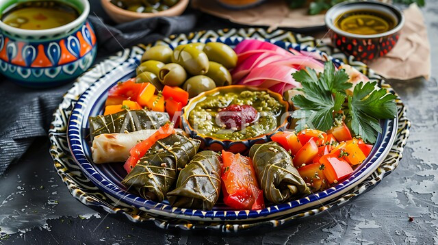 المقبلات النباتية الباردة اللذيذة، مأكولات وأطباق شعبية تقليدية، وصفات طعام شرقية عربية سعودية، تزيين الطعام بأساليب فنية، صورة مقربة لطبق مقبلات مشكلة ومغذية، فطور عربي تقليدي، وجبات شهية في مطاعم المملكة