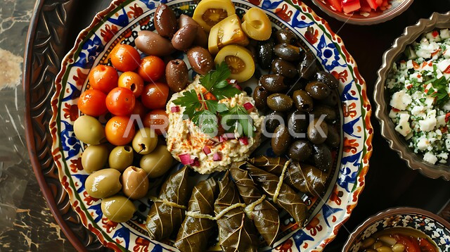 تقديم الأطعمة المختلفة في مطاعم المملكة العربية السعودية، وصفات ذات نكهات مميزة، الأصناف والمقبلات اللذيذة، تزيين الطعام بأساليب فنية،  صورة مقربة لسفرة من المأكولات الشعبية التقليدية الشهية، وجبة الفطور ذات الأطباق المتنوعة والمغذية