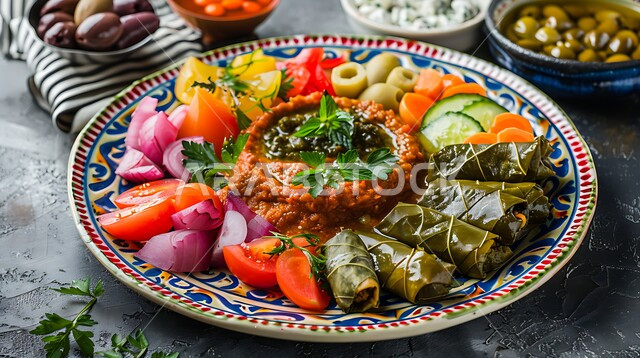 Delicious meals in the Kingdom's restaurants, traditional Arabic breakfast, traditional popular foods and dishes, delicious cold vegetarian appetizers, decorating food with artistic methods, a close-up of a plate of assorted and nutritious appetizers, Saudi Arabian oriental food recipes