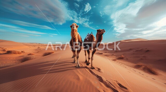 صورة مقربة لحيوانين من الجمال يقفان فوق الكثبان الرملية في الصحراء، الحياة البدوية الشعبية والتنقل على ظهر الإبل في القدم، منظر السماء المليئة بالغيوم البيضاء القطنية، مناطق البادية والبيئة الطبيعية الصحراوية
