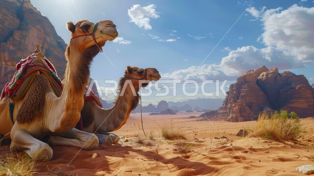 صورة مقربة لحيوانين من الجمال يجلسان فوق الكثبان الرملية في الصحراء، الحياة البدوية الشعبية والتنقل على ظهر الإبل في القدم، منظر السماء المليئة بالغيوم البيضاء القطنية، مناطق البادية والبيئة الطبيعية الصحراوية