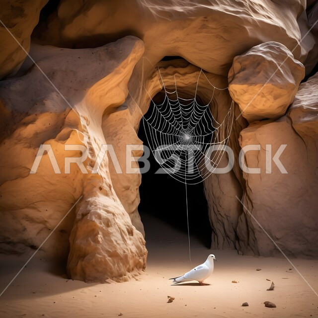 Representing Islamic historical events, God’s protection of the Prophet, peace and blessings be upon him, through the pigeon’s nest and the spider’s web, the concept of the Prophet Muhammad’s migration, peace and blessings be upon him, from Mecca to Medina, the famous sacred cultural landmarks in Saudi Arabia, the destination for visitors to learn about the Cave of Thawr