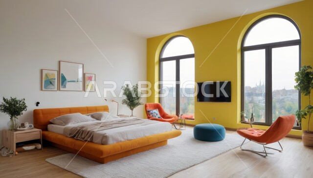 سرير مريح وأثاث منزلي راقي، نوافذ زجاجية كبيرة مطلعة على الطبيعة، ديكور داخلي وتصميم عصري على الطراز الحديث للبيوت، الفن الهندسي لغرفة نوم بألوان متنوعة وزاهية، تحف واكسسوارات فاخرة لغرف النوم، الفلل والشقق السكنية في المملكة العربية السعودية