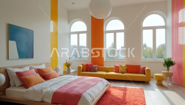 سرير مريح وأثاث منزلي راقي، نوافذ زجاجية كبيرة مطلعة على الطبيعة، ديكور داخلي وتصميم عصري على الطراز الحديث للبيوت، الفن الهندسي لغرفة نوم بألوان متنوعة وزاهية، تحف واكسسوارات فاخرة لغرف النوم، الفلل والشقق السكنية في المملكة العربية السعودية