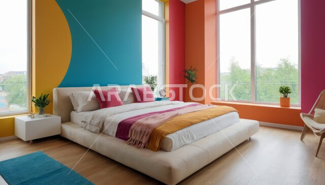 سرير مريح وأثاث منزلي راقي، نوافذ زجاجية كبيرة مطلعة على الطبيعة، ديكور داخلي وتصميم عصري على الطراز الحديث للبيوت، الفن الهندسي لغرفة نوم بألوان متنوعة وزاهية، تحف واكسسوارات فاخرة لغرف النوم، الفلل والشقق السكنية في المملكة العربية السعودية