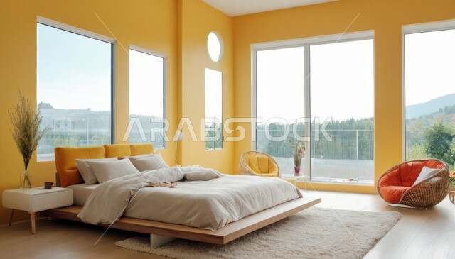 سرير مريح وأثاث منزلي راقي، نوافذ زجاجية كبيرة مطلعة على الطبيعة، ديكور داخلي وتصميم عصري على الطراز الحديث للبيوت، الفن الهندسي لغرفة نوم بألوان متنوعة وزاهية، تحف واكسسوارات فاخرة لغرف النوم، الفلل والشقق السكنية في المملكة العربية السعودية