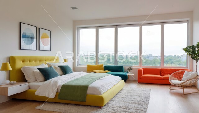 سرير مريح وأثاث منزلي راقي، نوافذ زجاجية كبيرة مطلعة على الطبيعة، ديكور داخلي وتصميم عصري على الطراز الحديث للبيوت، الفن الهندسي لغرفة نوم بألوان متنوعة وزاهية، تحف واكسسوارات فاخرة لغرف النوم، الفلل والشقق السكنية في المملكة العربية السعودية