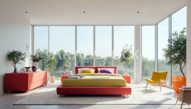 سرير مريح وأثاث منزلي راقي، نوافذ زجاجية كبيرة مطلعة على الطبيعة، ديكور داخلي وتصميم عصري على الطراز الحديث للبيوت، الفن الهندسي لغرفة نوم بألوان متنوعة وزاهية، تحف واكسسوارات فاخرة لغرف النوم، الفلل والشقق السكنية في المملكة العربية السعودية