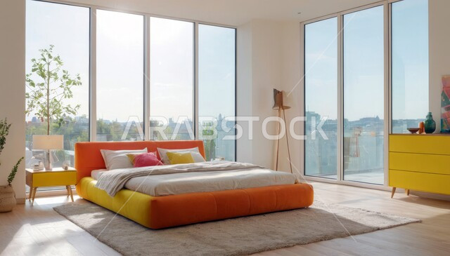 سرير مريح وأثاث منزلي راقي، نوافذ زجاجية كبيرة مطلعة على الطبيعة، ديكور داخلي وتصميم عصري على الطراز الحديث للبيوت، الفن الهندسي لغرفة نوم بألوان متنوعة وزاهية، تحف واكسسوارات فاخرة لغرف النوم، الفلل والشقق السكنية في المملكة العربية السعودية