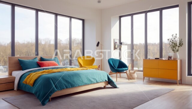 سرير مريح وأثاث منزلي راقي، نوافذ زجاجية كبيرة مطلعة على الطبيعة، ديكور داخلي وتصميم عصري على الطراز الحديث للبيوت، الفن الهندسي لغرفة نوم بألوان متنوعة وزاهية، تحف واكسسوارات فاخرة لغرف النوم، الفلل والشقق السكنية في المملكة العربية السعودية