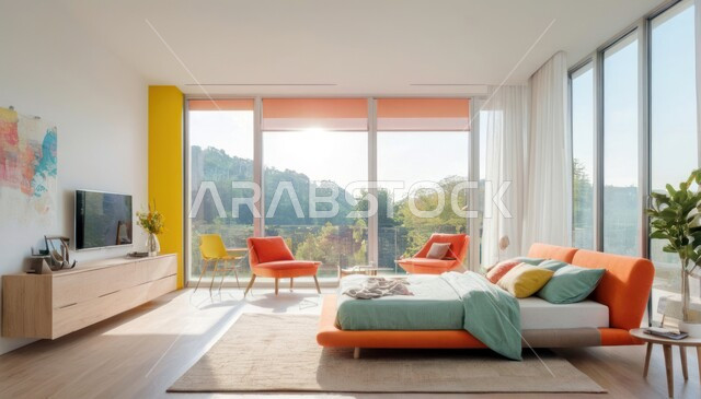 Modern style interior design and decoration for homes, large glass windows overlooking nature, geometric art for a bedroom in various bright colors, luxury antiques and accessories for bedrooms, comfortable bed and high-end home furniture, villas and residential apartments in Saudi Arabia