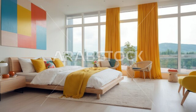 ديكور داخلي وتصميم عصري على الطراز الحديث للبيوت، نوافذ زجاجية كبيرة مطلعة على الطبيعة، الفن الهندسي لغرفة نوم بألوان متنوعة وزاهية، تحف واكسسوارات فاخرة لغرف النوم، سرير مريح وأثاث منزلي راقي، الفلل والشقق السكنية في المملكة العربية السعودية
