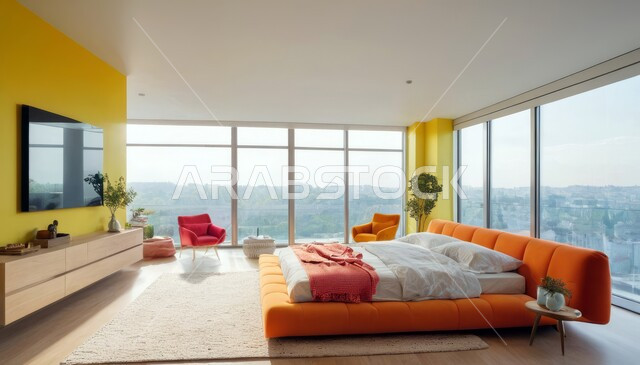 ديكور داخلي وتصميم عصري على الطراز الحديث للبيوت، نوافذ زجاجية كبيرة مطلعة على الطبيعة، الفن الهندسي لغرفة نوم بألوان متنوعة وزاهية، تحف واكسسوارات فاخرة لغرف النوم، سرير مريح وأثاث منزلي راقي، الفلل والشقق السكنية في المملكة العربية السعودية