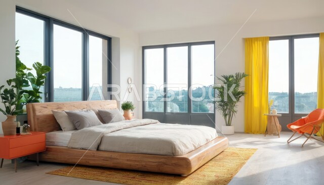 ديكور داخلي وتصميم عصري على الطراز الحديث للبيوت، نوافذ زجاجية كبيرة مطلعة على الطبيعة، الفن الهندسي لغرفة نوم بألوان متنوعة وزاهية، تحف واكسسوارات فاخرة لغرف النوم، سرير مريح وأثاث منزلي راقي، الفلل والشقق السكنية في المملكة العربية السعودية