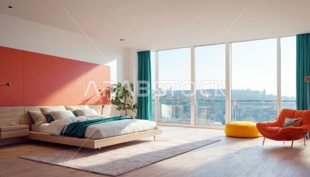 ديكور داخلي وتصميم عصري على الطراز الحديث للبيوت، نوافذ زجاجية كبيرة مطلعة على الطبيعة، الفن الهندسي لغرفة نوم بألوان متنوعة وزاهية، تحف واكسسوارات فاخرة لغرف النوم، سرير مريح وأثاث منزلي راقي، الفلل والشقق السكنية في المملكة العربية السعودية