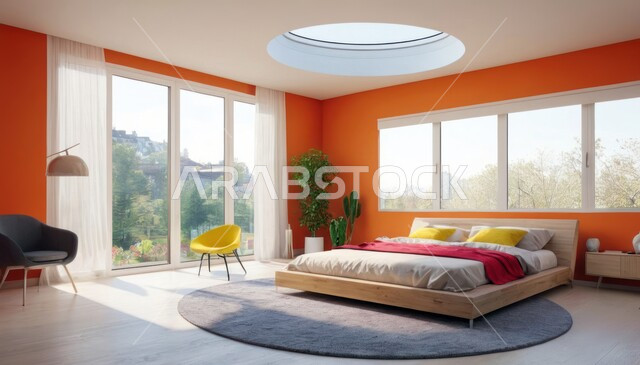 ديكور داخلي وتصميم عصري على الطراز الحديث للبيوت، نوافذ زجاجية كبيرة مطلعة على الطبيعة، الفن الهندسي لغرفة نوم بألوان متنوعة وزاهية، تحف واكسسوارات فاخرة لغرف النوم، سرير مريح وأثاث منزلي راقي، الفلل والشقق السكنية في المملكة العربية السعودية