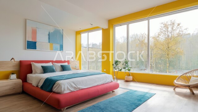 نوافذ زجاجية كبيرة مطلعة على الطبيعة، ديكور داخلي وتصميم عصري على الطراز الحديث للبيوت، الفن الهندسي لغرفة نوم بألوان متنوعة وزاهية، تحف واكسسوارات فاخرة لغرف النوم، سرير مريح وأثاث منزلي راقي، الفلل والشقق السكنية في المملكة العربية السعودية