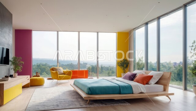 ديكور داخلي وتصميم عصري على الطراز الحديث للبيوت، نوافذ زجاجية كبيرة مطلعة على الطبيعة، الفن الهندسي لغرفة نوم بألوان متنوعة وزاهية، تحف واكسسوارات فاخرة لغرف النوم، سرير مريح وأثاث منزلي راقي، الفلل والشقق السكنية في المملكة العربية السعودية