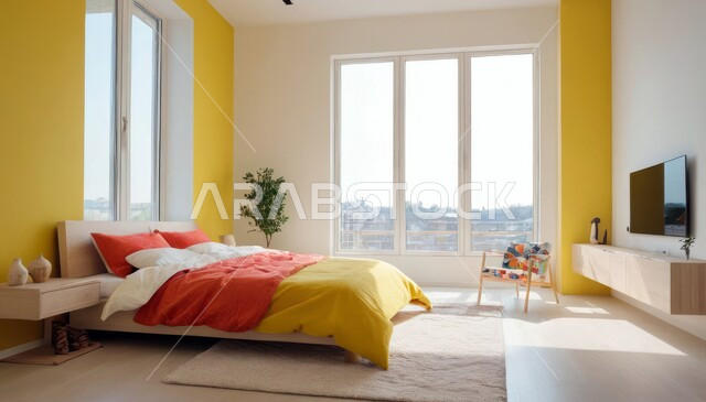 نوافذ زجاجية كبيرة مطلعة على الطبيعة، ديكور داخلي وتصميم عصري على الطراز الحديث للبيوت، الفن الهندسي لغرفة نوم بألوان متنوعة وزاهية، تحف واكسسوارات فاخرة لغرف النوم، سرير مريح وأثاث منزلي راقي، الفلل والشقق السكنية في المملكة العربية السعودية