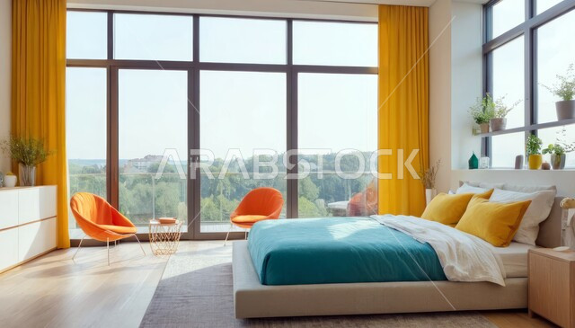 نوافذ زجاجية كبيرة مطلعة على الطبيعة، ديكور داخلي وتصميم عصري على الطراز الحديث للبيوت، الفن الهندسي لغرفة نوم بألوان متنوعة وزاهية، تحف واكسسوارات فاخرة لغرف النوم، سرير مريح وأثاث منزلي راقي، الفلل والشقق السكنية في المملكة العربية السعودية