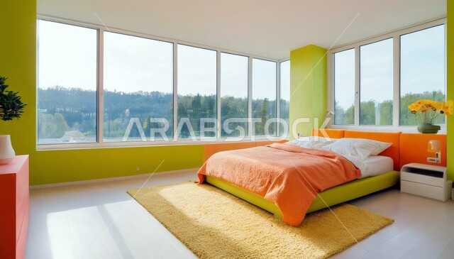 نوافذ زجاجية كبيرة مطلعة على الطبيعة، ديكور داخلي وتصميم عصري على الطراز الحديث للبيوت، الفن الهندسي لغرفة نوم بألوان متنوعة وزاهية، تحف واكسسوارات فاخرة لغرف النوم، سرير مريح وأثاث منزلي راقي، الفلل والشقق السكنية في المملكة العربية السعودية