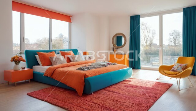 نوافذ زجاجية كبيرة مطلعة على الطبيعة، ديكور داخلي وتصميم عصري على الطراز الحديث للبيوت، الفن الهندسي لغرفة نوم بألوان متنوعة وزاهية، تحف واكسسوارات فاخرة لغرف النوم، سرير مريح وأثاث منزلي راقي، الفلل والشقق السكنية في المملكة العربية السعودية