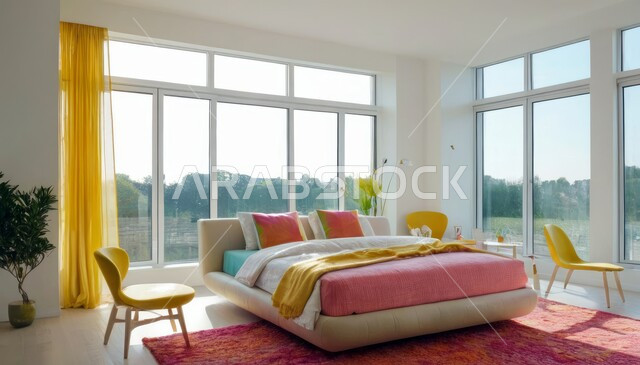 نوافذ زجاجية كبيرة مطلعة على الطبيعة، ديكور داخلي وتصميم عصري على الطراز الحديث للبيوت، الفن الهندسي لغرفة نوم بألوان متنوعة وزاهية، تحف واكسسوارات فاخرة لغرف النوم، سرير مريح وأثاث منزلي راقي، الفلل والشقق السكنية في المملكة العربية السعودية