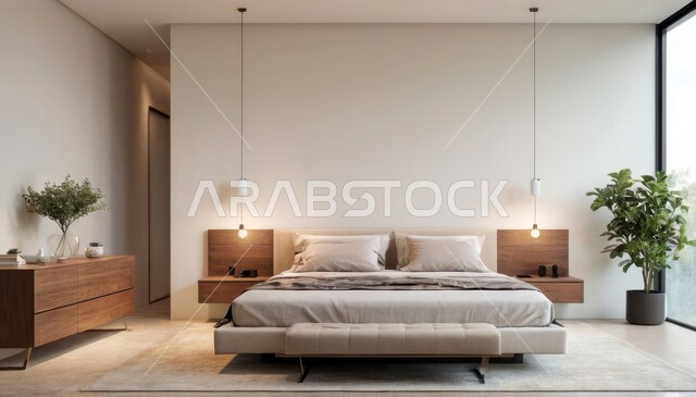 سرير مريح وأثاث منزلي راقي، ديكور داخلي وتصميم عصري على الطراز الحديث للبيوت، نوافذ زجاجية كبيرة مطلعة على الطبيعة، الفن الهندسي لغرفة نوم بألوان متنوعة وزاهية، تحف واكسسوارات فاخرة لغرف النوم، الفلل والشقق السكنية في المملكة العربية السعودية