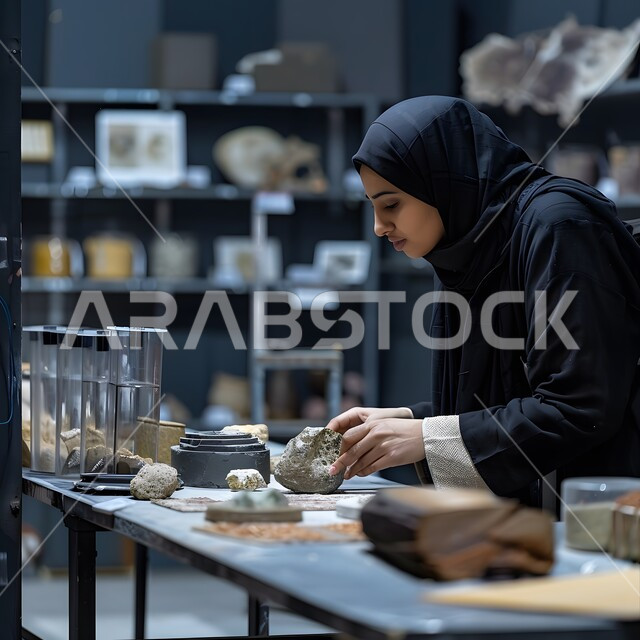 مختبر للابتكارت الجيولوجية، عالمة عربية خليجية سعودية محجبة ترتدي العباءة السوداء تقوم بفحص عينات حجرية، تقدم مراكز الابحاث في المملكة، ايماءات الاندماج والتركيز