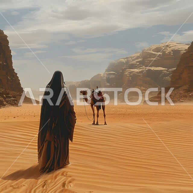 Mountain peaks and heights, the importance of camel care in the Kingdom, raising livestock in nature reserves, a picture from the back of a Saudi Arabian Gulf woman wearing an abaya and hijab standing behind a camel in the desert, using animals to move in the desert from one place to another