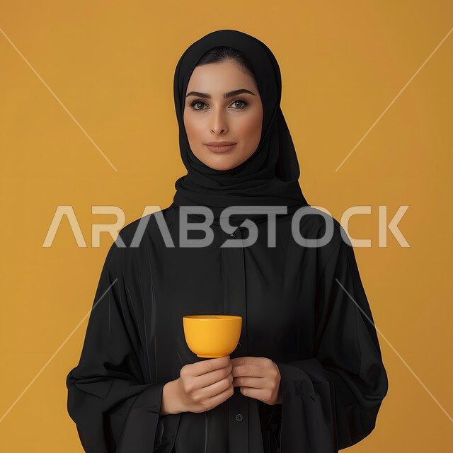 Caring about appearance, modern veiled fashion, concept of femininity and elegance, close-up portrait of a veiled Saudi Arabian Gulf woman wearing an abaya and hijab, holding a yellow cup in her hand, looking at the camera with gestures of self-confidence, yellow background