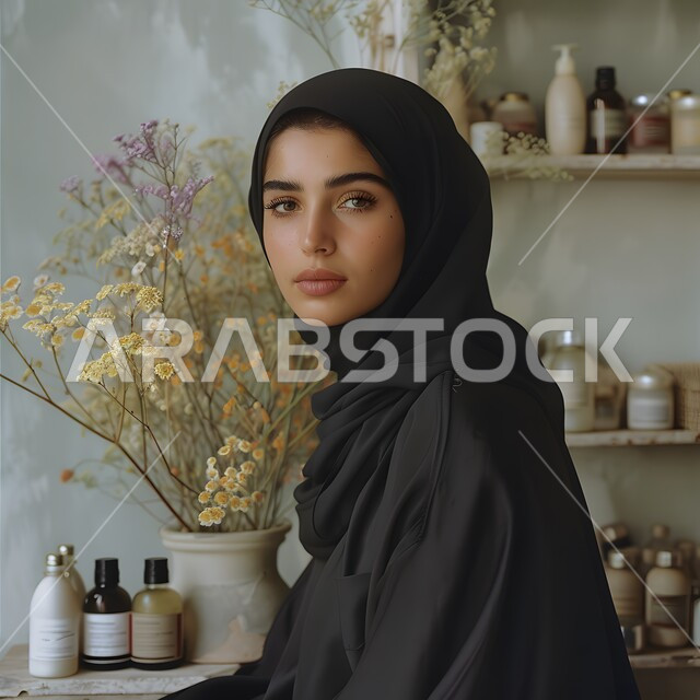  تعابير الجدية والحزم، الاناقة والاهتمام بالمظهر الخارجي، صورة مقربة لشابة عربية خليجية سعودية محجبة تجلس في متجر مستحضرات التجميل تنظر الى الكاميرا بايماءات الثقة بالنفس، مفهوم الانوثة والنعومة
