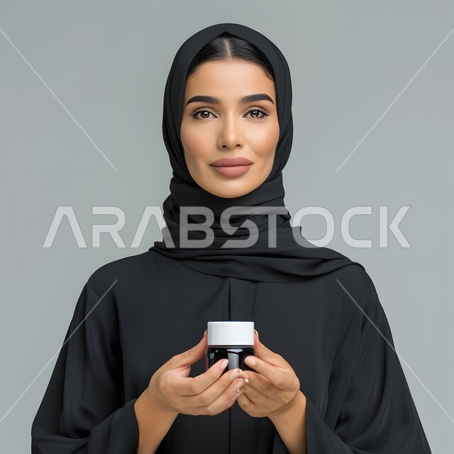 مفهوم الاناقة والاهتمام بالمظهر الخارجي، بورتريه مقرب لشابة عربية خليجية سعودية محجبة تحمل بيدها علبة زجاجية تقف باستقامة وتنظر الى الكاميرا بايماءات السرور، الجدية والثقة بالنفس، مفهوم الانوثة والنعومة،  التسويق والترويج للمنتجات في الخليج العربي، خلفية رمادية 