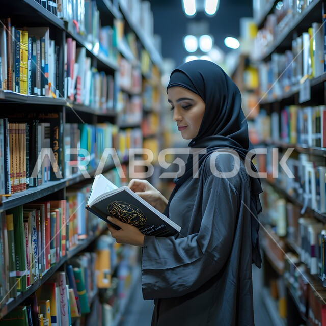  حب القراءة والاطلاع على كل ما هو جديد، امرأة عربية خليجية سعودية محجبة في المكتبة ترتدي العباءة وتمسك بيدها كتاب وتقرأ منه, الديكورات الداخلية والأرفف المليئة بالقصص والروايات والمجلدات الأدبية، المكاتب في المملكة العربية السعودية