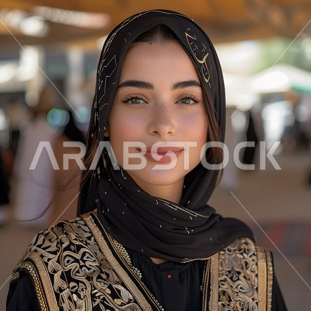 الاناقة والاهتمام بالمظهر الخارجي، صورة مقربة لشابة عربية خليجية سعودية محجبة مبتسمة تنظر الى الكاميرا بايماءات السرور والسعادة، مفهوم الانوثة والنعومة، تعابير الجدية والثقة بالنفس