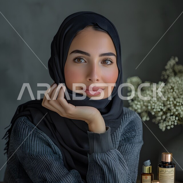 الاناقة والاهتمام بالمظهر الخارجي، صورة مقربة لشابة عربية خليجية سعودية محجبة مبتسمة تنظر الى الكاميرا بايماءات السرور والسعادة، مفهوم الانوثة والنعومة، تعابير الجدية والثقة بالنفس