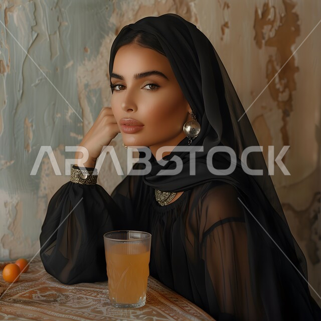 ملابس محجبات عصرية راقية، الاناقة والاهتمام بالمظهر الخارجي، صورة مقربة لشابة عربية خليجية سعودية محجبة مبتسمة تنظر الى الكاميرا بايماءات السرور والسعادة، مفهوم الانوثة والنعومة، تعابير الجدية والثقة بالنفس