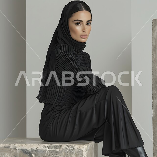 ملابس محجبات عصرية راقية، الاناقة والاهتمام بالمظهر الخارجي، صورة مقربة لشابة عربية خليجية سعودية محجبة مبتسمة تنظر الى الكاميرا بايماءات السرور والسعادة، مفهوم الانوثة والنعومة، تعابير الجدية والثقة بالنفس